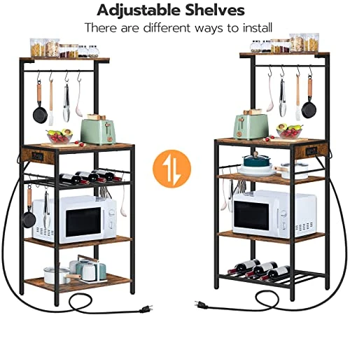 HOOBRO Bakers Rack With Power Outlet, 4-Tier Microwave Stand With Adjustable Wine Rack, Coffee Bar With 10 S-Shaped Hooks, For Kitchen, Living Room, Dinning Room, Rustic Brown BF60UHB01 2 HOOBRO Bakers Rack With Power Outlet, 4-Tier Microwave Stand With Adjustable Wine Rack, Coffee Bar With 10 S-Shaped Hooks, For Kitchen, Living Room, Dinning Room, Rustic Brown BF60UHB01 - Image 2