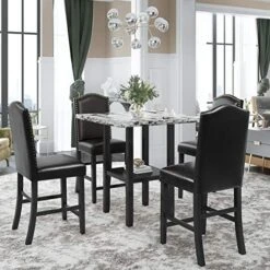 Harper & Bright Designs 5-Piece Faux Marble Top Dining Set, Counter Height Kitchen Table Set-Dining Table W/Faux Marble Top And 4 Beige High Back Upholstered Chairs W/Nailed Trim 24 Harper & Bright Designs 5-Piece Faux Marble Top Dining Set, Counter Height Kitchen Table Set-Dining Table W/Faux Marble Top And 4 Beige High Back Upholstered Chairs W/Nailed Trim -Songmics Furniture Shop 51h8B79YCnL. AC 1