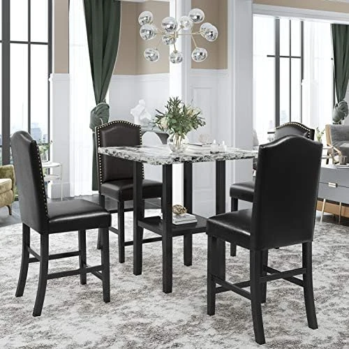 Harper & Bright Designs 5-Piece Faux Marble Top Dining Set, Counter Height Kitchen Table Set-Dining Table W/Faux Marble Top And 4 Beige High Back Upholstered Chairs W/Nailed Trim 11 Harper & Bright Designs 5-Piece Faux Marble Top Dining Set, Counter Height Kitchen Table Set-Dining Table W/Faux Marble Top And 4 Beige High Back Upholstered Chairs W/Nailed Trim - Image 11
