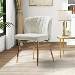 HULALA HOME Velvet Dining Chairs, Modern Small Armless Accent Chair With Gold Metal Legs, Living Room Upholstered Cute Side Chair, Elegant Tufted Back Vanity Chair For Bedroom/Beauty Room-Ivory -Songmics Furniture Shop 51hArETte7L. AC