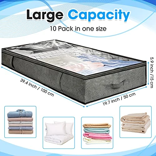 10 Pcs Under Bed Storage Containers Large Capacity 100L Underbed Bedroom Clothes Toys Shoe Storage Organizer Bags Foldable Blankets Comforters Drawer Bins With Clear Window Handles, 39 X 20 X 6 Inch 2 10 Pcs Under Bed Storage Containers Large Capacity 100L Underbed Bedroom Clothes Toys Shoe Storage Organizer Bags Foldable Blankets Comforters Drawer Bins With Clear Window Handles, 39 X 20 X 6 Inch - Image 2