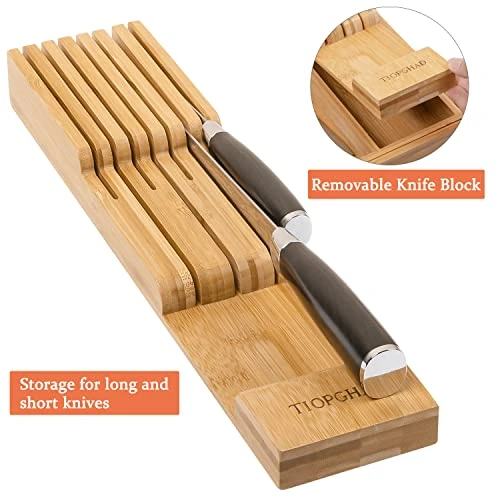 TIOPGHAD Bamboo-Silverware-Drawer-Organizer-Kitchen, Expandable Utensil Holder Cutlery Tray Flatware Organization Adjustable Wood Tableware Dividers Storage (with Removable Knife Block) 2 TIOPGHAD Bamboo-Silverware-Drawer-Organizer-Kitchen, Expandable Utensil Holder Cutlery Tray Flatware Organization Adjustable Wood Tableware Dividers Storage (with Removable Knife Block) - Image 2