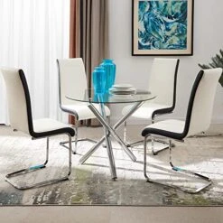 Modern Dining Table Set For 4 Person,5 Pieces Kitchen Dining Room Sets With Glass Round Table Top,Chrome Legs + 4 White With Black Side,Faux Leather High Back Dining Room Chairs Set For Home Office