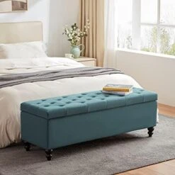 HUIMO Button-Tufted Ottoman With Storage In Upholstered Fabrics, Large Storage Bench For Bedroom, Living Room, Entryway, Storage Ottoman Bench With Safety Hinge Hold Up To 300lbs（Dark Teal） -Songmics Furniture Shop 51hQ puTAjL. AC