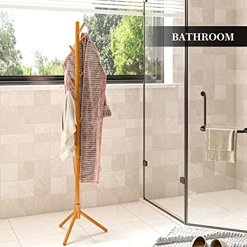 NicQliear Wooden Freestanding Coat Rack With 9 Hooks, Adjustable Coat Rack Stand 69.3" To Hang Clothes/Bags/Hats, Standing Coat Tree Perfect For Bedroom/Entryway/Hallway, Easy Assembly, Brown 5 NicQliear Wooden Freestanding Coat Rack With 9 Hooks, Adjustable Coat Rack Stand 69.3" To Hang Clothes/Bags/Hats, Standing Coat Tree Perfect For Bedroom/Entryway/Hallway, Easy Assembly, Brown - Image 5