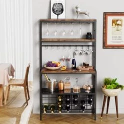 Monesti Wine Rack Freestanding, Industrial Wine Bar Rack, Floor Liquor Wine Cabinet Storage With 16 Hooks(Rustic Brown). -Songmics Furniture Shop 51hTLf4fiLL