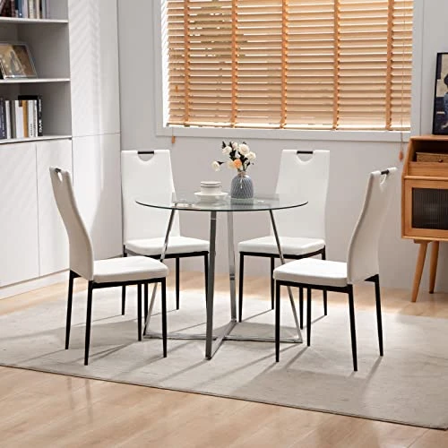 Bacyion Dining Table Set For 4 Person - Tempered Glass Table And PU Leather Chairs -Modern Kitchen Table And Chairs Set For Home, Kitchen, Living Room, Breakfast Nook (White) 1 Bacyion Dining Table Set For 4 Person - Tempered Glass Table And PU Leather Chairs -Modern Kitchen Table And Chairs Set For Home, Kitchen, Living Room, Breakfast Nook (White)