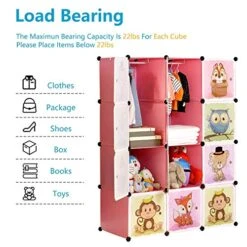 BRIAN & DANY Portable Cartoon Clothes Closet DIY Storage Organizer, Sturdy And Safe Wardrobe For Children And Kids, 8 Cubes&2 Hanging Sections, 30% Deeper Than Standard Version, Pink