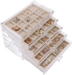 Fixwal Earring Jewelry Organizer With 5 Drawers, Clear Acrylic Jewelry Box With Velvet Trays For Women, Earring Display Holder For Earrings Ring Bracelet Necklace, Birthday And Christmas Gift, Beige -Songmics Furniture Shop 51hn4KUVoLL. AC