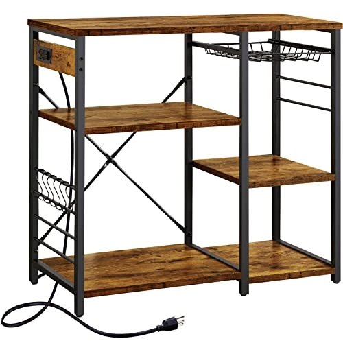 SUPERJARE Kitchen Bakers Rack With Power Outlet, Coffee Bar Table Station, Kitchen Microwave Stand With 6 S-Shaped Hooks, Wire Basket, Kitchen Storage Shelf Rack - Rustic Brown 1 SUPERJARE Kitchen Bakers Rack With Power Outlet, Coffee Bar Table Station, Kitchen Microwave Stand With 6 S-Shaped Hooks, Wire Basket, Kitchen Storage Shelf Rack - Rustic Brown