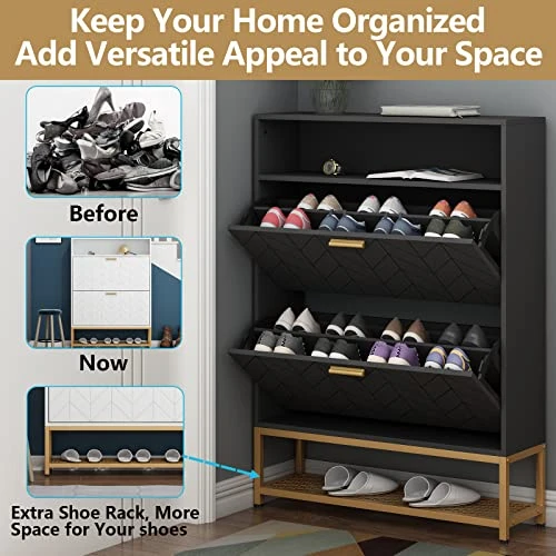 Loomie Shoe Cabinet, Free Standing Tipping Bucket Shoe Rack Organizer With 2 Flip Drawers,Entryway Narrow Shoe Storage With Storage Shelf & Top Cubby,Modern Slim Hidden Shoe Cabinet With Doors (Black) 6 Loomie Shoe Cabinet, Free Standing Tipping Bucket Shoe Rack Organizer With 2 Flip Drawers,Entryway Narrow Shoe Storage With Storage Shelf & Top Cubby,Modern Slim Hidden Shoe Cabinet With Doors (Black) - Image 6