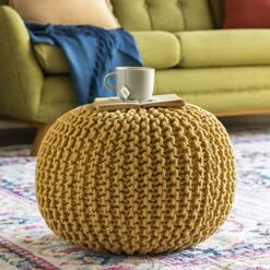 Artistic Weavers McIntosh Cotton Knitted Round Pouf 14"H X 20"W X 20"D,Saffron