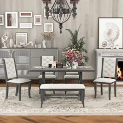 P PURLOVE 6 Piece Dining Table Set, Retro Wood Dining Set With Unique-Designed Table Legs And Upholstered Chairs For Dining Room (Antique Grey) -Songmics Furniture Shop 51i4vMvYdoL
