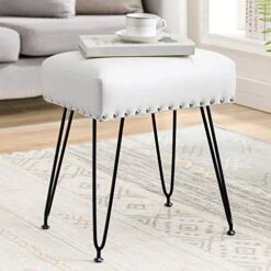 LUE BONA Faux Leather Rectangle Vanity Stool, Vanity Chair For Makeup Room, White Rivet Ottoman Foot Rest Entryway Bench With Black Legs For Bedroom Living Room