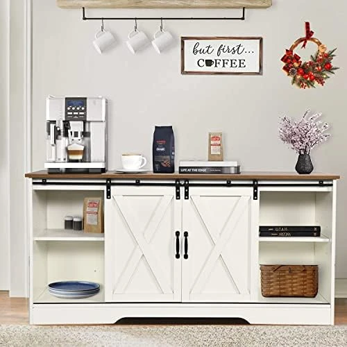 4ever2buy Farmhouse Buffet Cabinet With Storage, 59’’ Coffee Bar Cabinet With Sliding Barn Door, Kitchen Sideboards Buffet Cabinet Adjustable Shelf, White Coffee Bar Table For Living Dining Room 8 4ever2buy Farmhouse Buffet Cabinet With Storage, 59’’ Coffee Bar Cabinet With Sliding Barn Door, Kitchen Sideboards Buffet Cabinet Adjustable Shelf, White Coffee Bar Table For Living Dining Room - Image 8