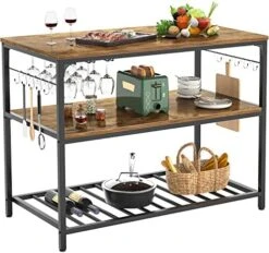 Homieasy Kitchen Island With Wine Glass Holder, Industrial Wood And Metal Coffee Bar Wine Rack Table, 3 Tier Spacious Kitchen Prep Table Extended Counter With Hooks Easy To Assemble, Black Oak -Songmics Furniture Shop 51iQ9EB8D9L. AC