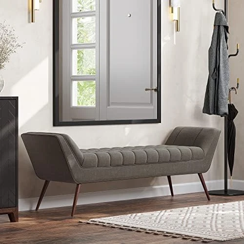 BELLEZE 63 Inch Mid Century Modern Ottoman, Contemporary Upholstered Linen Fabric Bench With Wood Legs, Accent Furniture For Living Room, Bedroom, Entryway - Moreno (Grey) 6 BELLEZE 63 Inch Mid Century Modern Ottoman, Contemporary Upholstered Linen Fabric Bench With Wood Legs, Accent Furniture For Living Room, Bedroom, Entryway - Moreno (Grey) - Image 6