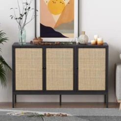 XIAO WEI Sideboard With Handmade Natural Rattan Doors, Rattan Cabinet Console Table Storage Cabinet Buffet Cabinet, For Kitchen, Living Room, Hallway, Entryway, Black -Songmics Furniture Shop 51iZcYqpL5L. AC