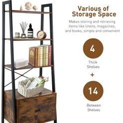 Babion Ladder Shelf, 4-Tier Ladder Bookshelf With Storage Cabinet, Rustic Brown Bookcase With Shelves, Storage Rack Plant Stand For Home, Bedroom, Office, 24 X 16 X 67.5 Inch (Wooden Doors) -Songmics Furniture Shop 51igIZnHtxL