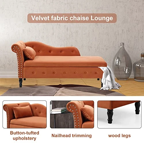 Ufurpie Velvet Storage Chaise Lounge Ottoman 60" Velvet Storage Chaise Lounge Buttons Tufted With Solid Wood Legs And 1 Pillow For Bedroom,Living Room,Apartment Orange 2 Ufurpie Velvet Storage Chaise Lounge Ottoman 60" Velvet Storage Chaise Lounge Buttons Tufted With Solid Wood Legs And 1 Pillow For Bedroom,Living Room,Apartment Orange - Image 2