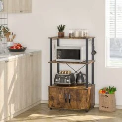 Bestier Microwave Stand Bakers Rack With Cabinet 3-Tier Kitchen Shelf With Storage For Small Kitchens With Drawers & Hooks Wood Rustic Brown