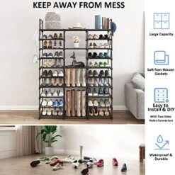 Plzlove 10 Tiers Shoe Rack Organizer For Closet & Entryway, Tall Metal Shoe Shelf Storage 54-62 Pairs, Extra Large Shoe Stand Black Stackable Boot Rack For Garage, Bedroom, Cloakroom With Hooks -Songmics Furniture Shop 51ixAWc7RWL