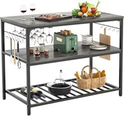Homieasy Kitchen Island With Wine Glass Holder, Industrial Wood And Metal Coffee Bar Wine Rack Table, 3 Tier Spacious Kitchen Prep Table Extended Counter With Hooks Easy To Assemble, Black Oak -Songmics Furniture Shop 51jf4jh04AL. AC