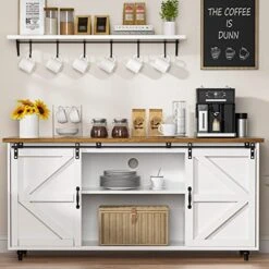 Farmhouse Coffee Bar Cabinet, 58’’ Kitchen Buffet Sideboard Cabinet With Sliding Barn Door, Coffee Bar Table With Adjustable Shelves, White Buffet Table With Storage,Living Dining Room Storage Cabinet -Songmics Furniture Shop 51jgkVctNVL