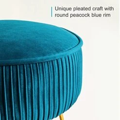 Modern Velvet Round Footstool Ottoman, Peacock Blue Velvet Ottoman Vanity Stool Foot Rest With Gold Legs, Upholstered Pleated Vanity Chair Ottoman, Makeup Stools For Vanity, Footrest For Living Room -Songmics Furniture Shop 51jiXjhzAKL