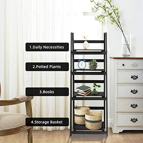 Babion Ladder Shelf, 4-Tier Bookshelf, Industrial Leaning Bookshelves Ladder Bookcase Wooden Shelf With Stable Frame Plant Stand Storage Rack Shelf For Kitchen, Bathroom-Black 6 Babion Ladder Shelf, 4-Tier Bookshelf, Industrial Leaning Bookshelves Ladder Bookcase Wooden Shelf With Stable Frame Plant Stand Storage Rack Shelf For Kitchen, Bathroom-Black - Image 6