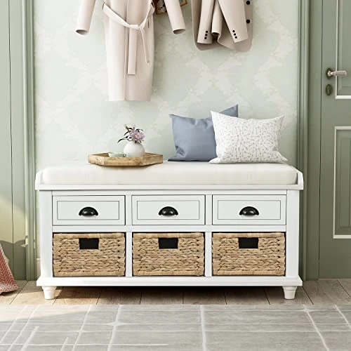 SOFTSEA Oragnizer Storage Bench With 3 Drawers Home Collection Entryway Bench With 3 Rattan Baskets And Removable Cushion For Hallway, Living Room, Shoe Bench Full Assemble(White) 3 SOFTSEA Oragnizer Storage Bench With 3 Drawers Home Collection Entryway Bench With 3 Rattan Baskets And Removable Cushion For Hallway, Living Room, Shoe Bench Full Assemble(White) - Image 3