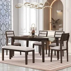 P PURLOVE 6 Piece Dining Table Set Vintage Style Solid Wood Legs Dining Table, Upholstered Bench And 4 Upholstered Chairs For Home Living Wooden Kitchen Table Set For 6 (Espresso And Beige) -Songmics Furniture Shop 51jsgZzqCbL. AC