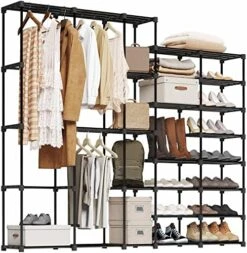 UNITSTAGE Portable Closet Wardrobe Freestanding Closet Organizer With Shoe Rack For Hanging Clothes 77.4x11.8x66 Inches For Bedroom Living Room With Plastic Connectors Rubber Hammer Black -Songmics Furniture Shop 51jwXnfNwJL. AC