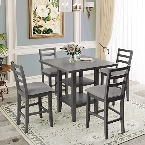 KELRIA 5-Piece Wooden Counter Height Set, Includes 1 Table, 4, Padded Chairs And Storage Shelving, For Dining, Living Room, Kitchen, Gray 1 KELRIA 5-Piece Wooden Counter Height Set, Includes 1 Table, 4, Padded Chairs And Storage Shelving, For Dining, Living Room, Kitchen, Gray