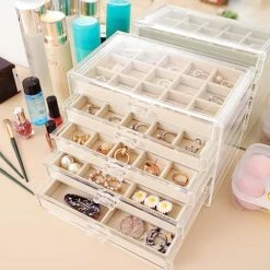 Fixwal Earring Jewelry Organizer With 5 Drawers, Clear Acrylic Jewelry Box With Velvet Trays For Women, Earring Display Holder For Earrings Ring Bracelet Necklace, Birthday And Christmas Gift, Beige -Songmics Furniture Shop 51k7E394CeL