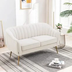 Altrobene Velvet Couch Sofa Chairs For Two People, Modern Loveseat For Living Rooms, Bedrooms, Small Spaces, Golden Finished, Beige