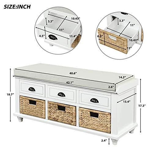 SOFTSEA Oragnizer Storage Bench With 3 Drawers Home Collection Entryway Bench With 3 Rattan Baskets And Removable Cushion For Hallway, Living Room, Shoe Bench Full Assemble(White) 2 SOFTSEA Oragnizer Storage Bench With 3 Drawers Home Collection Entryway Bench With 3 Rattan Baskets And Removable Cushion For Hallway, Living Room, Shoe Bench Full Assemble(White) - Image 2