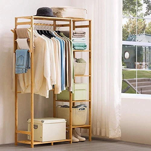Ufine Bamboo Garment Rack 6 Tier Storage Shelves Clothes Hanging Rack With Side Hooks, Heavy Duty Clothing Rack Portable Wardrobe Closet Organizer 2 Ufine Bamboo Garment Rack 6 Tier Storage Shelves Clothes Hanging Rack With Side Hooks, Heavy Duty Clothing Rack Portable Wardrobe Closet Organizer - Image 2