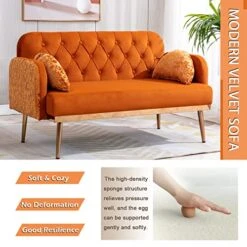 55-inch Small Velvet Couch With Elegant Moon Shape Pillows, Twin Size Loveseat Accent Sofa With Golden Metal Legs, Living Room Sofa With Tufted Backrest, 600 Pounds Weight Capacity, Orange -Songmics Furniture Shop 51kQWFNDjuL