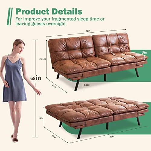 Vyfipt Futon Sofa Bed/Couch, Memory Foam Small Splitback Sofa For Living Room,Modern Loveseat With Covertible Armrests,71" L,Faux Leather/3" Cushion Thicker Version/Brown 2 Vyfipt Futon Sofa Bed/Couch, Memory Foam Small Splitback Sofa For Living Room,Modern Loveseat With Covertible Armrests,71" L,Faux Leather/3" Cushion Thicker Version/Brown - Image 2