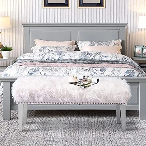 Alunaune White Bed Bench For Bedroom End Of Bench, Faux Fur Ottoman Bench Upholstered Modern Decorative Fluffy Small Entryway Bench Footrest Stool Wood Legs 4 Alunaune White Bed Bench For Bedroom End Of Bench, Faux Fur Ottoman Bench Upholstered Modern Decorative Fluffy Small Entryway Bench Footrest Stool Wood Legs - Image 4