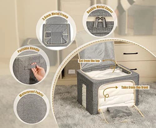 Furnhome 3 Pack Clothes Storage Organizer, Large Storage Bins For Closet, Foldable Clothing Storage Bins For Shelves With Zippers & Clear Window & Reinforced Handles-72L, Grey. 4 Furnhome 3 Pack Clothes Storage Organizer, Large Storage Bins For Closet, Foldable Clothing Storage Bins For Shelves With Zippers & Clear Window & Reinforced Handles-72L, Grey. - Image 4