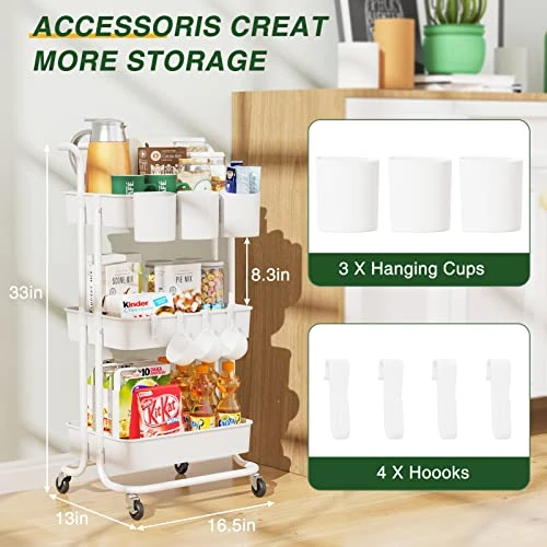 LEHOM 3-Tier Rolling Utility Cart With Hanging Cups & Hooks & Handle, Multifunctional Art Cart Organizer Storage With Wheels, Easy Assembly For Office, Bedroom, Kitchen, Bathroom, Laundry (White) 3 LEHOM 3-Tier Rolling Utility Cart With Hanging Cups & Hooks & Handle, Multifunctional Art Cart Organizer Storage With Wheels, Easy Assembly For Office, Bedroom, Kitchen, Bathroom, Laundry (White) - Image 3
