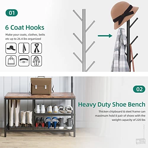 YITAHOME Coat Rack Shoe Bench 3-in-1 Standing Hall Tree With Entryway Storage Bench Industrial Coat Tree And Shoe Storage For Bedroom Hallway Living Room, Rustic Brown 2 YITAHOME Coat Rack Shoe Bench 3-in-1 Standing Hall Tree With Entryway Storage Bench Industrial Coat Tree And Shoe Storage For Bedroom Hallway Living Room, Rustic Brown - Image 2