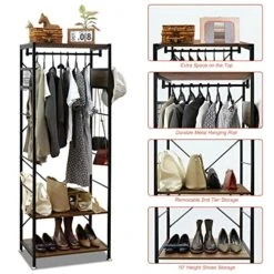 KELIXU Freestanding Coat Rack With Shoe Storage, Industrial Hall Tree Entryway Closet Organizer Shelf And Hooks, Closet Garments Shelf On Wheels For Hallway, Bedroom(Rustic Brown) 7 KELIXU Freestanding Coat Rack With Shoe Storage, Industrial Hall Tree Entryway Closet Organizer Shelf And Hooks, Closet Garments Shelf On Wheels For Hallway, Bedroom(Rustic Brown) -Songmics Furniture Shop 51kxx6jXB3L