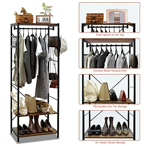 KELIXU Freestanding Coat Rack With Shoe Storage, Industrial Hall Tree Entryway Closet Organizer Shelf And Hooks, Closet Garments Shelf On Wheels For Hallway, Bedroom(Rustic Brown) 3 KELIXU Freestanding Coat Rack With Shoe Storage, Industrial Hall Tree Entryway Closet Organizer Shelf And Hooks, Closet Garments Shelf On Wheels For Hallway, Bedroom(Rustic Brown) - Image 3