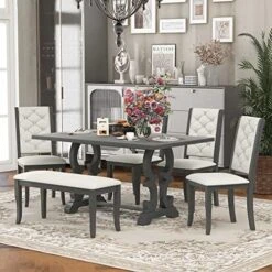 P PURLOVE 6 Piece Dining Table Set, Retro Wood Dining Set With Unique-Designed Table Legs And Upholstered Chairs For Dining Room (Antique Grey) -Songmics Furniture Shop 51lAnQcPfCL. AC