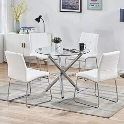 WENYU 3 Pieces Glass Dining Table Set, Round Kitchen Table With Clear Tempered Glass Top, Modern Dining Table And Chairs Set For 2 Person (Table + 2 White Chairs) -Songmics Furniture Shop 51lFK2yMWkL. AC