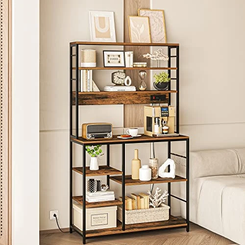 YzeeMi Bakers Rack With Power Outlet, Microwave Stand, Coffee Bar, 7 Tiers Kitchen Storage Rack With 8 Hooks, Kitchen Shelves For Spices, Pots And Pans, Rustic Brown 3 YzeeMi Bakers Rack With Power Outlet, Microwave Stand, Coffee Bar, 7 Tiers Kitchen Storage Rack With 8 Hooks, Kitchen Shelves For Spices, Pots And Pans, Rustic Brown - Image 3