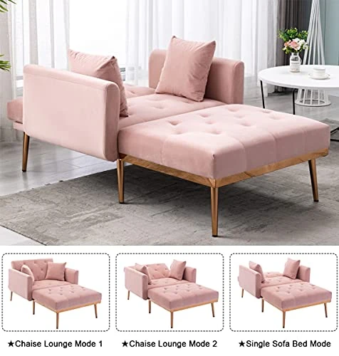 SLEERWAY Velvet 2 In 1 Chaise Lounge Chair Indoor, Modern Single Sofa Bed With Two Pillows, Recliner Chair With 3 Adjustable Angles, Convertible Sleeper Chair For Living Room And Bedroom (Pink) 4 SLEERWAY Velvet 2 In 1 Chaise Lounge Chair Indoor, Modern Single Sofa Bed With Two Pillows, Recliner Chair With 3 Adjustable Angles, Convertible Sleeper Chair For Living Room And Bedroom (Pink) - Image 4